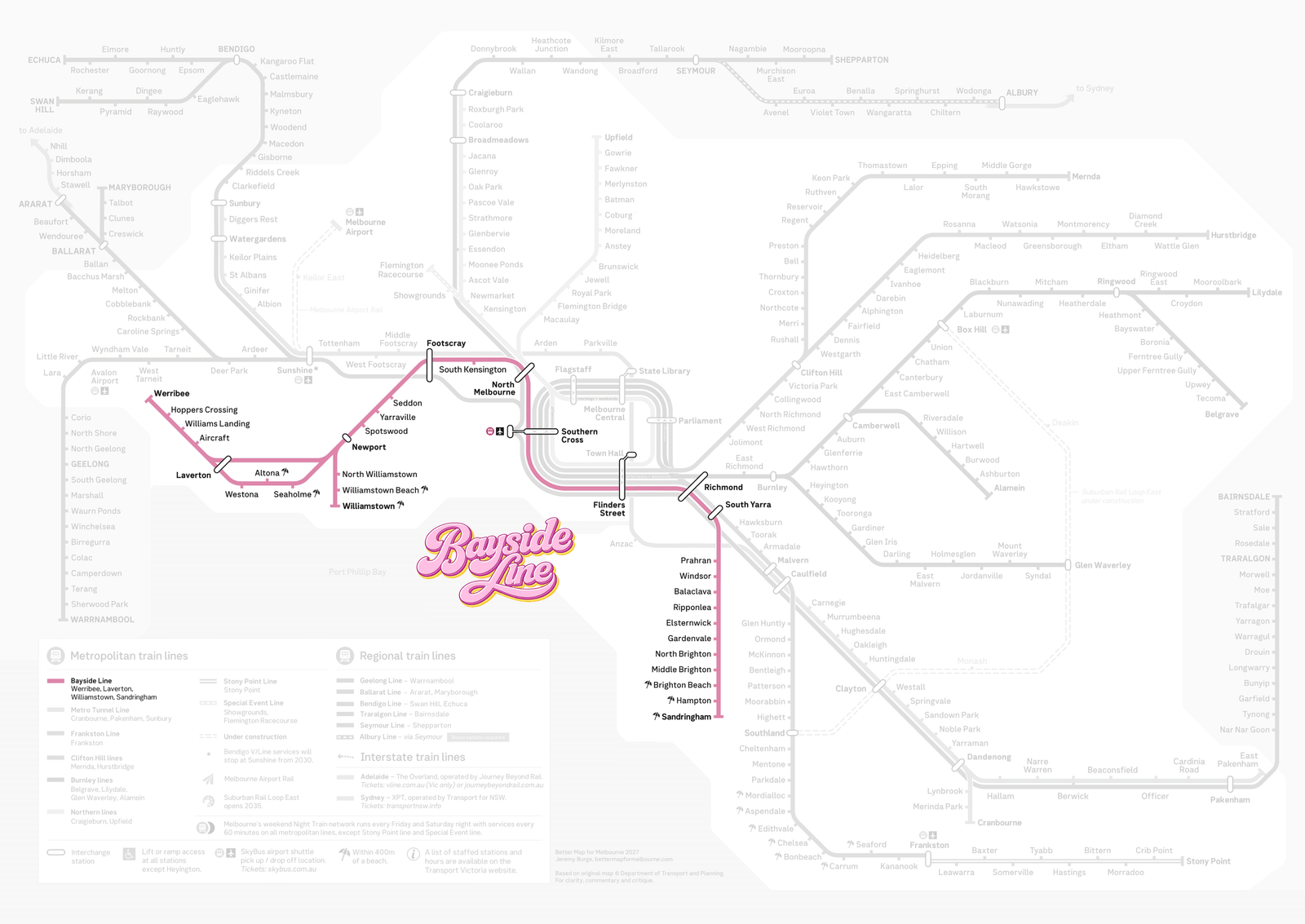 Bayside Line highlighted in pink on the Melbourne train network map